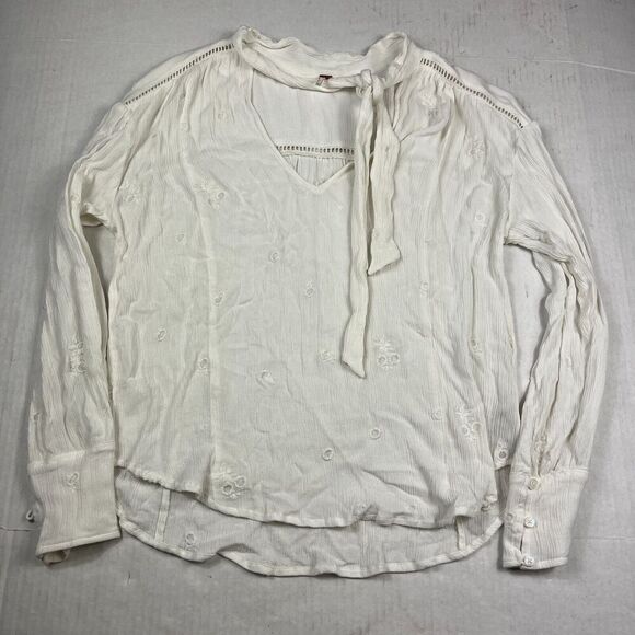 Free People Tie Neck Blouse Ivory V-Neck Embroidered Loose Fit Shirt SMALL FLAW - Picture 1 of 11